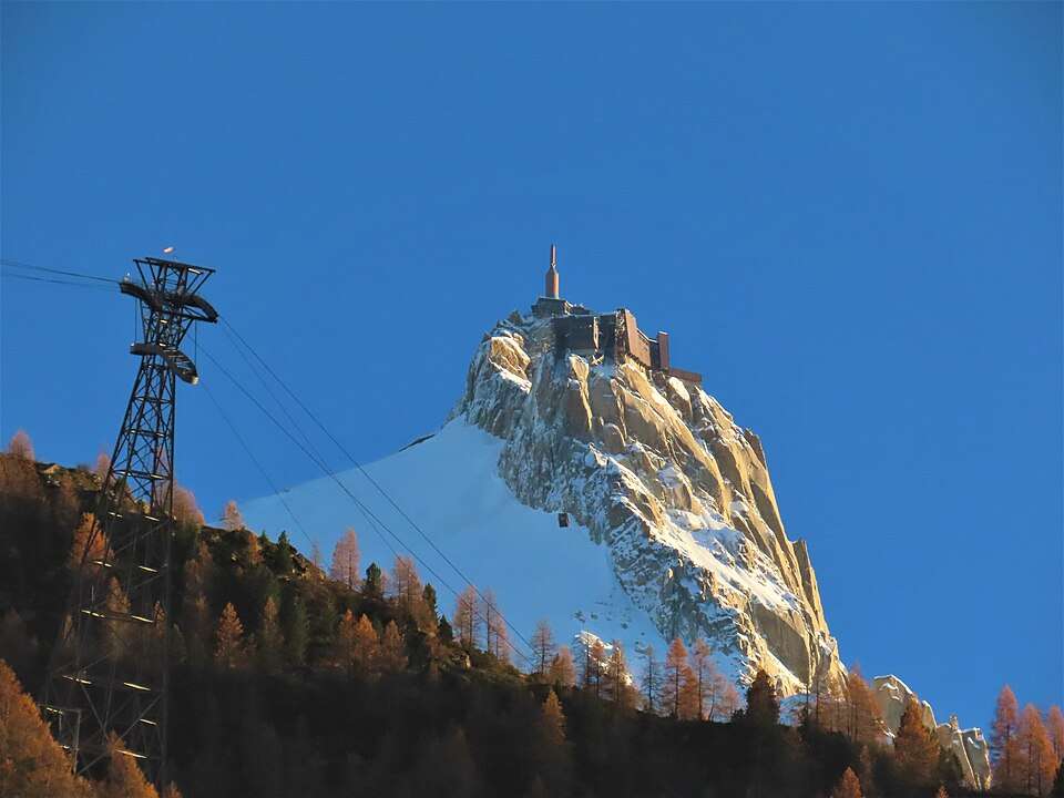 The Aiguille du Midi and its cable car above Chamonix