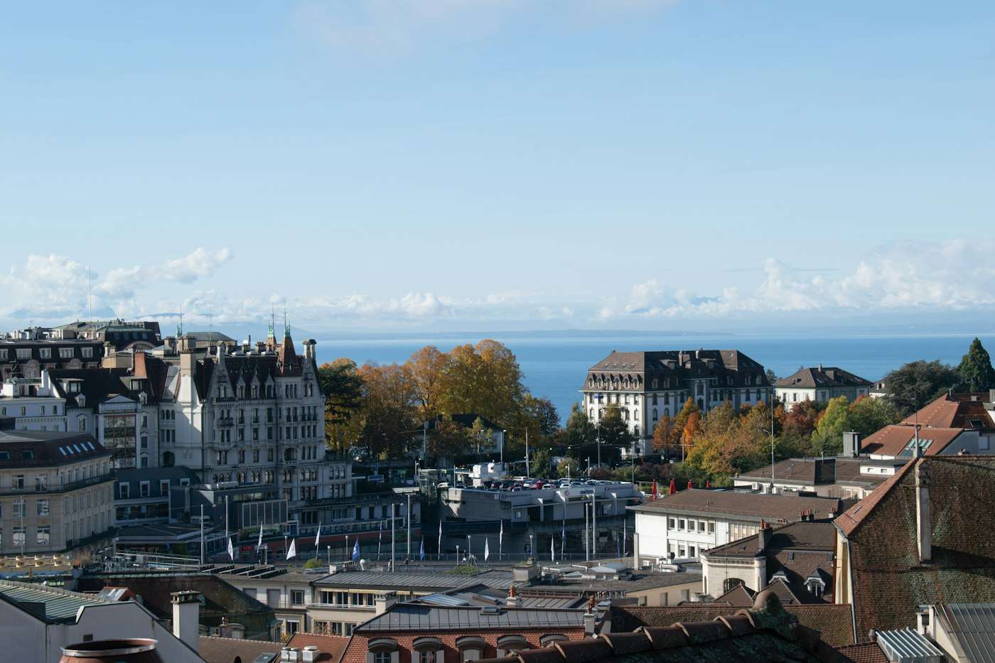 Lausanne's rooftops stepping down toward Lake Geneva